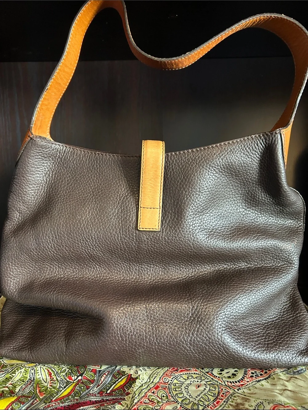 Leather Shoulder Bag in Dark Brown with Tan Accents